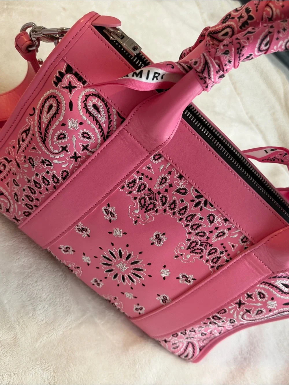 AMIRI Pink Bandana-Print Leather Satchel with Adjustable Strap
